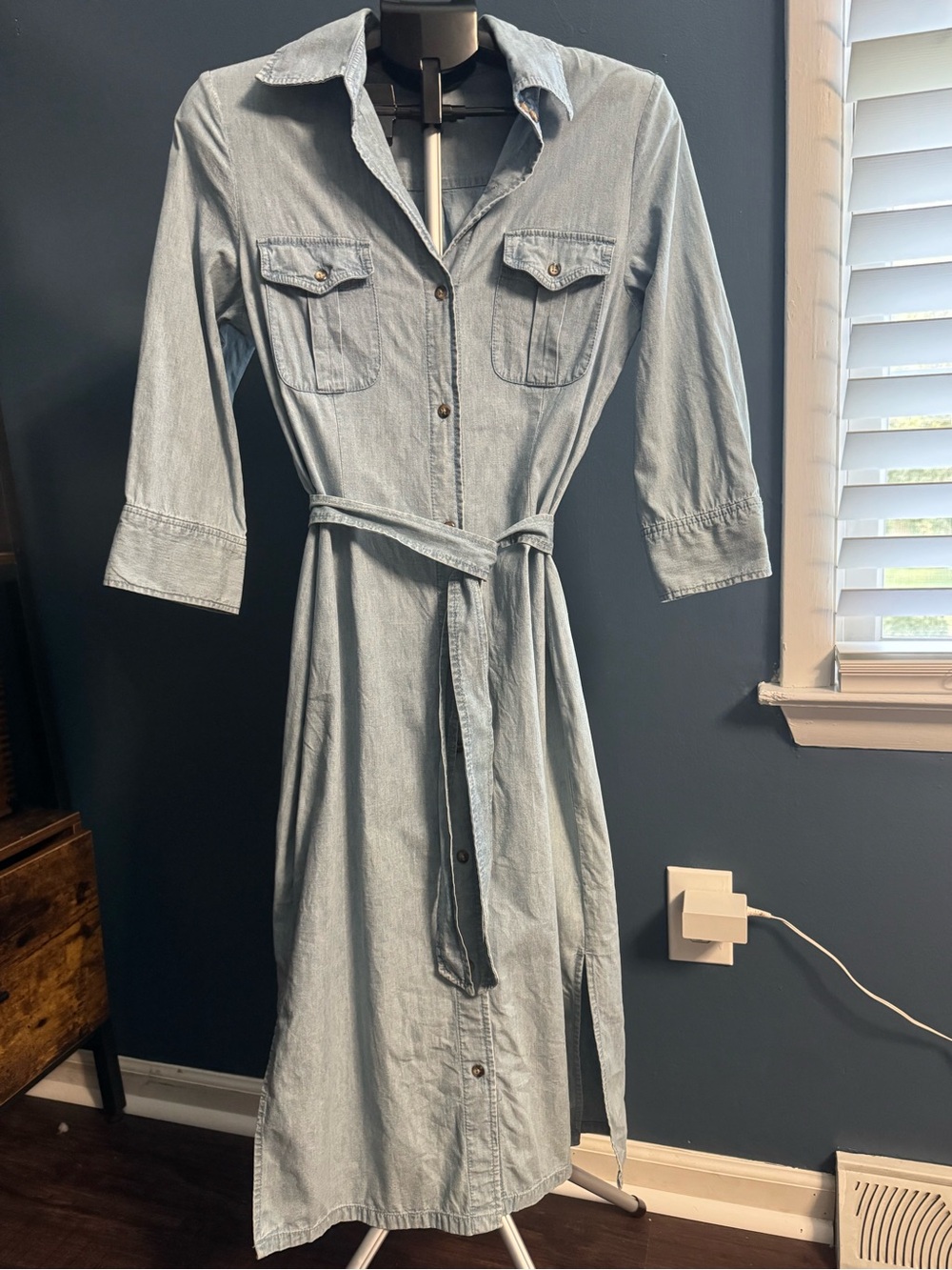 J. Peterman Light Blue Denim Midi Shirt Dress with Waist Tie